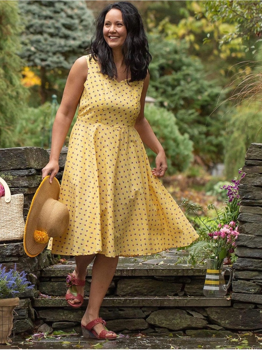 April Cornell Yellow Red Honey Flower Cotton Sun Dress Midi Cottagecore Large